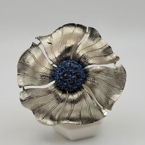 Vintage MCM Silver Plated Flower Brooch with Blue Center Glass Stones